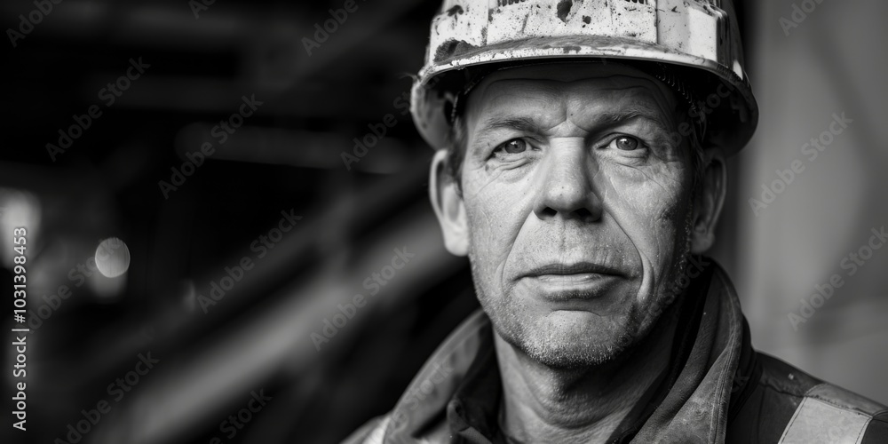 Intense Black and White Portrait of a Coal Miner Covered in Soot and Sweat, Wearing a Helmet, Capturing the Harsh Reality and Determination in Mining Work Intense Black and White Portrait of a Coal Miner Covered in Soot and Sweat, Wearing a Helmet, Capturing the Harsh Reality and Determination in Mining Work