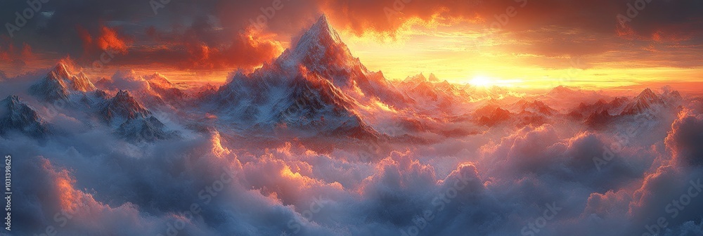 A majestic mountain range pierces through a sea of clouds, bathed in the golden light of a breathtaking sunrise, showcasing the power and beauty of nature. This photo captures a sense of awe, peace, A majestic mountain range pierces through a sea of clouds, bathed in the golden light of a breathtaking sunrise, showcasing the power and beauty of nature. This photo captures a sense of awe, peace,