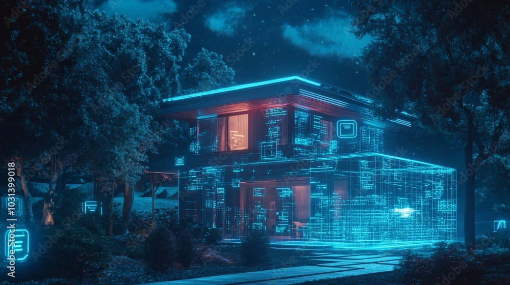 A modern smart home bathed in blue light, its exterior enveloped by a digital interface, symbolizing connectivity, automation, and the future of living. A modern smart home bathed in blue light, its exterior enveloped by a digital interface, symbolizing connectivity, automation, and the future of living.
