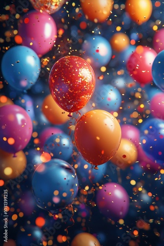 Colorful Balloons and Confetti Floating in the Air Creating a Festive and Joyful Atmosphere for Celebrations and Parties