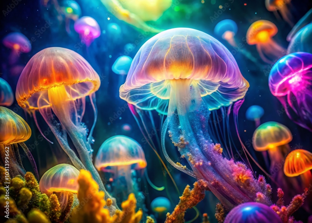 Ethereal Glowing Jellyfish in Colorful Liquid Light Ocean Underwater Imagination Concept Ethereal Glowing Jellyfish in Colorful Liquid Light Ocean Underwater Imagination Concept