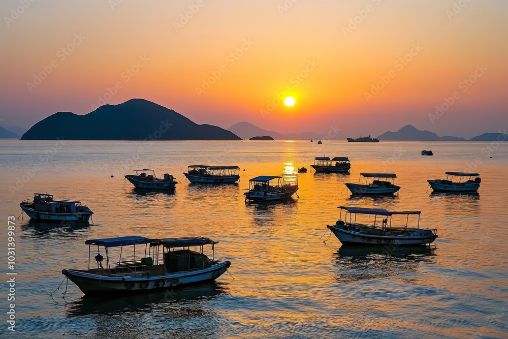 A serene sunset casts warm hues over a tranquil bay, where boats gently bob on the water, creating a sense of peace and serenity. The setting sun, islands, and boats create a harmonious scene of beaut A serene sunset casts warm hues over a tranquil bay, where boats gently bob on the water, creating a sense of peace and serenity. The setting sun, islands, and boats create a harmonious scene of beaut