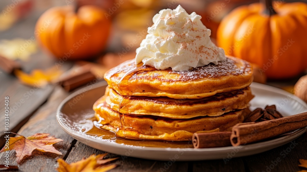 A stack of fluffy pumpkin pancakes topped with whipped cream, a drizzle of maple syrup, and a sprinkle of cinnamon. Perfect for a fall breakfast or brunch, these pancakes are sure to satisfy your swe A stack of fluffy pumpkin pancakes topped with whipped cream, a drizzle of maple syrup, and a sprinkle of cinnamon. Perfect for a fall breakfast or brunch, these pancakes are sure to satisfy your swe
