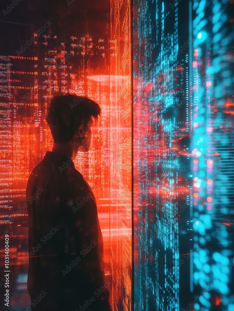 A solitary figure stands before a futuristic digital mirror, reflecting a world of data and code, representing the intersection of human consciousness and technology. A solitary figure stands before a futuristic digital mirror, reflecting a world of data and code, representing the intersection of human consciousness and technology.