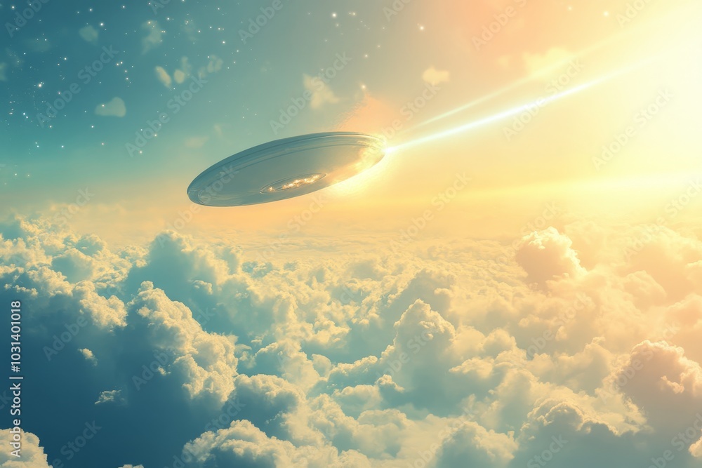 A UFO hovers in the clouds, its beam of light illuminating the sky. This image symbolizes mystery, technology, space exploration, alien life, and the unknown. A UFO hovers in the clouds, its beam of light illuminating the sky. This image symbolizes mystery, technology, space exploration, alien life, and the unknown.