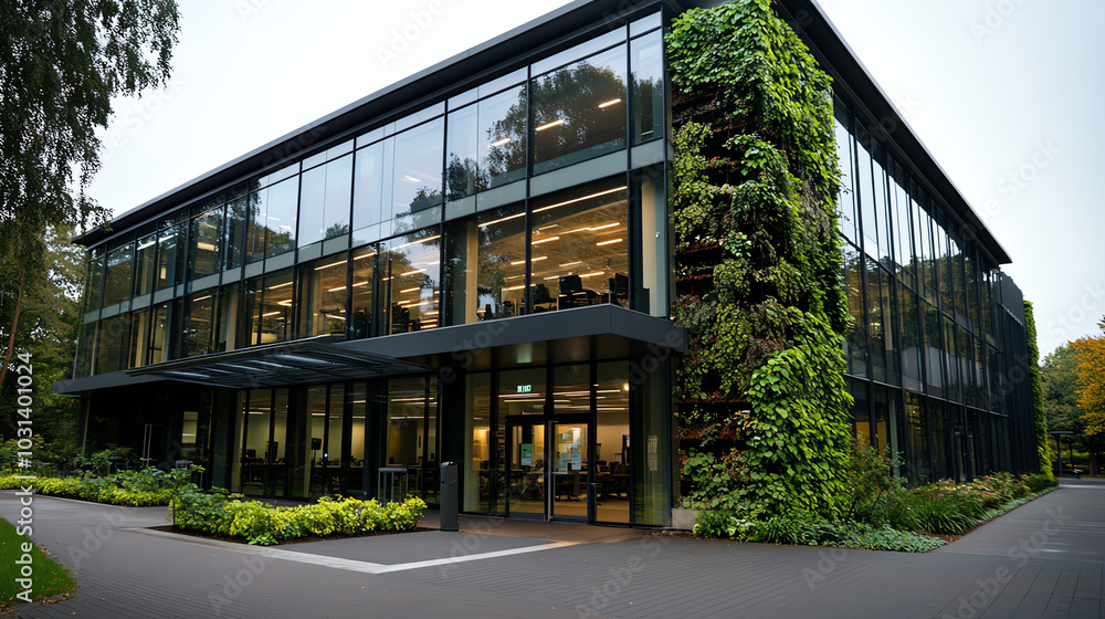 Modern glass building with greenery facade. Modern glass building with greenery facade.