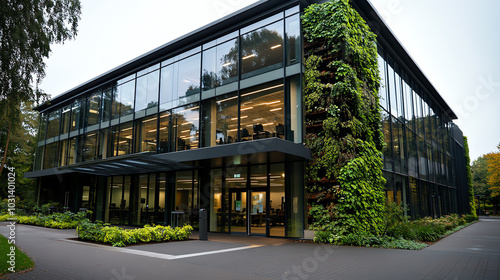 Modern glass building with greenery facade.