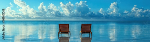    Serene Beach Scene with Two Wooden Chairs Overlooking Calm Ocean Under a Vibrant Blue Sky with Fluffy Clouds..  