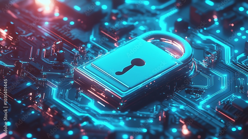 A silver padlock with a keyhole sits on a circuit board with glowing blue and red lights, representing cybersecurity and data protection. A silver padlock with a keyhole sits on a circuit board with glowing blue and red lights, representing cybersecurity and data protection.