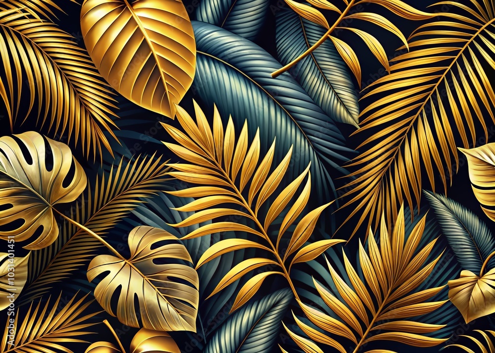 Exotic Golden Tropical Palm Leaves Pattern for Fashion Design and Decor Exotic Golden Tropical Palm Leaves Pattern for Fashion Design and Decor