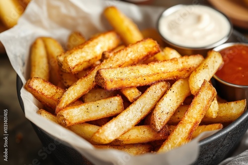 A plate of french fries and ketchup