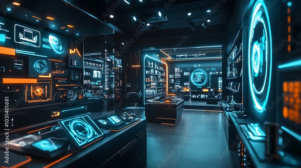 Futuristic retail store interior with glowing blue and orange digital interfaces and displays showcasing technology products. Futuristic retail store interior with glowing blue and orange digital interfaces and displays showcasing technology products.
