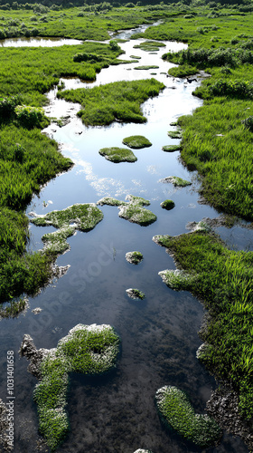 Scenic marshland with water and greenery