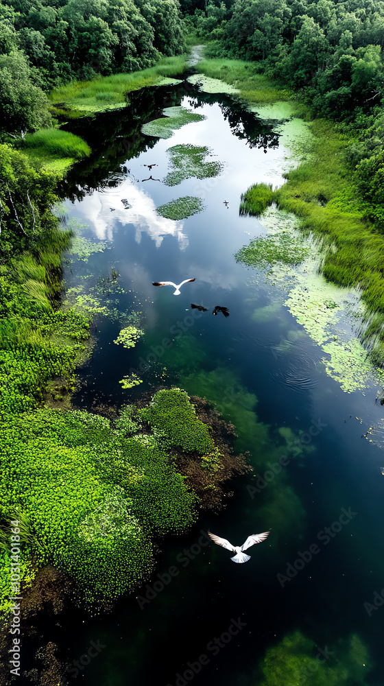Serene river surrounded by lush greenery Serene river surrounded by lush greenery