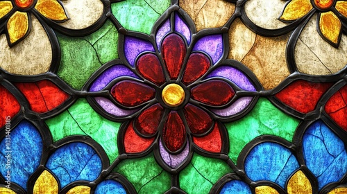 A vibrant stained glass design featuring colorful flowers and intricate patterns.