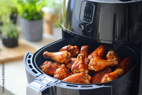 Chicken wings and legs, with some coated in sauce inside air fryer