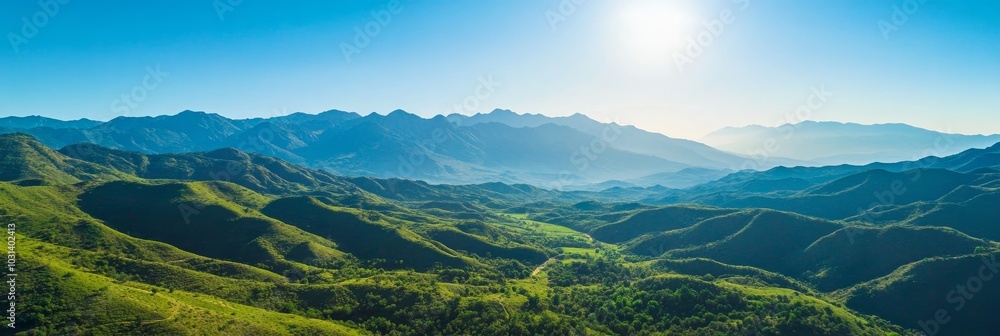 Fototapeta premium An aerial view of a lush valley surrounded by majestic mountains, showcasing the beauty of nature, serenity, tranquility, and the vastness of the landscape.