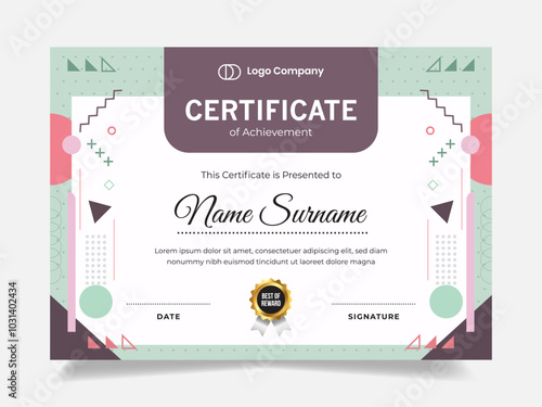 Certificate of employee appreciation template. Memphis graphic with gold badge. Perfect for your company's employee appreciation awards