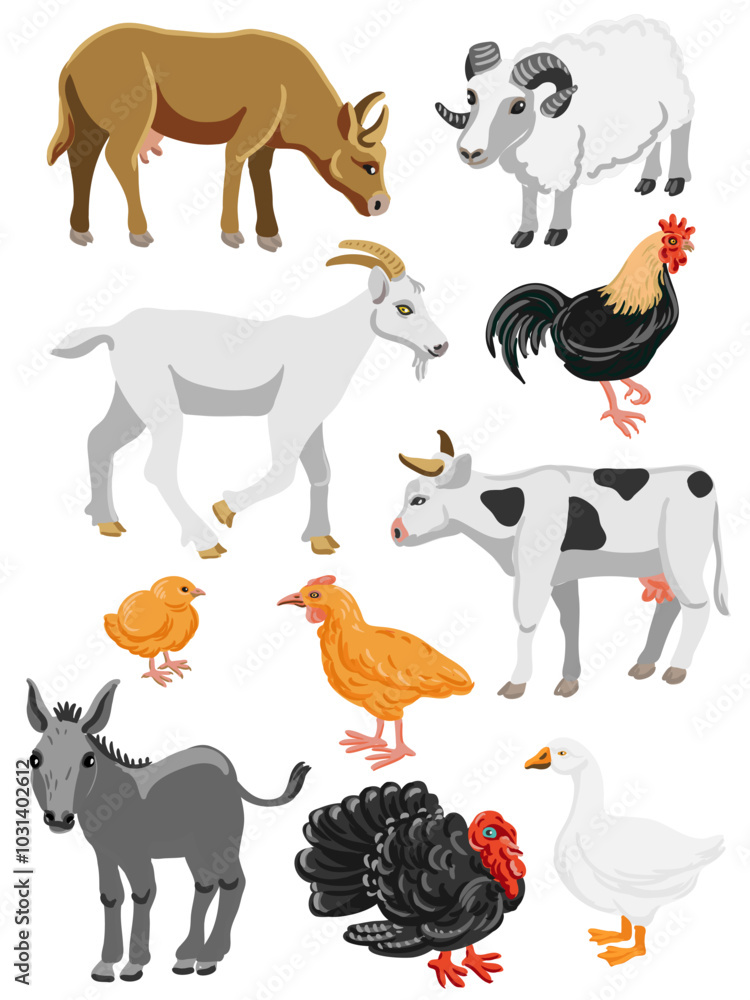 vector drawing set of farm animals and birds, livestock and poultry isolated at white background, hand drawn illustration vector drawing set of farm animals and birds, livestock and poultry isolated at white background, hand drawn illustration