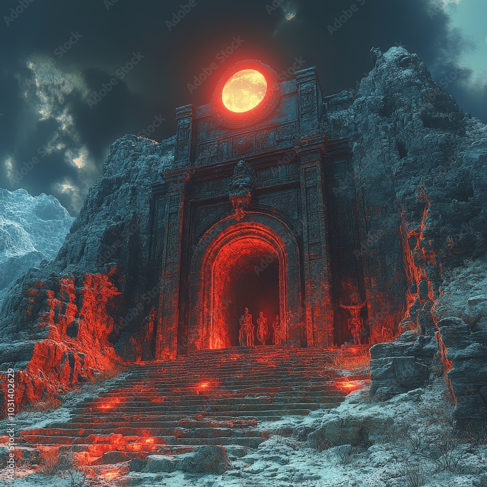 An ancient temple gateway stands tall in a desolate landscape, bathed in the eerie glow of a blood moon. The imposing structure, carved into the mountainside, beckons travelers with its mysterious arc An ancient temple gateway stands tall in a desolate landscape, bathed in the eerie glow of a blood moon. The imposing structure, carved into the mountainside, beckons travelers with its mysterious arc