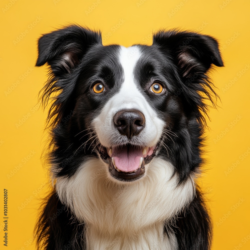 studio headshot portrait of brown white and black medium mixed breed dog smiling against a yellow background studio headshot portrait of brown white and black medium mixed breed dog smiling against a yellow background