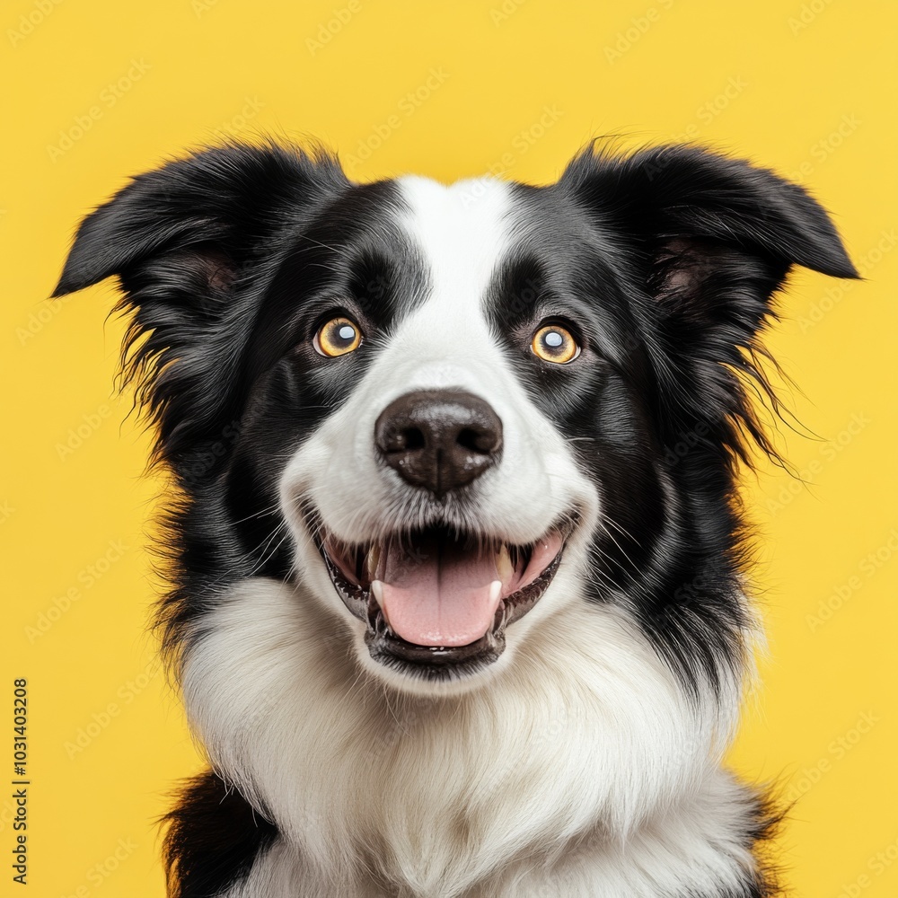 Funny studio portrait of cute smilling puppy dog border collie isolated on yellow background. New lovely member of family little dog gazing and waiting for reward. Pet care and animals concept Funny studio portrait of cute smilling puppy dog border collie isolated on yellow background. New lovely member of family little dog gazing and waiting for reward. Pet care and animals concept