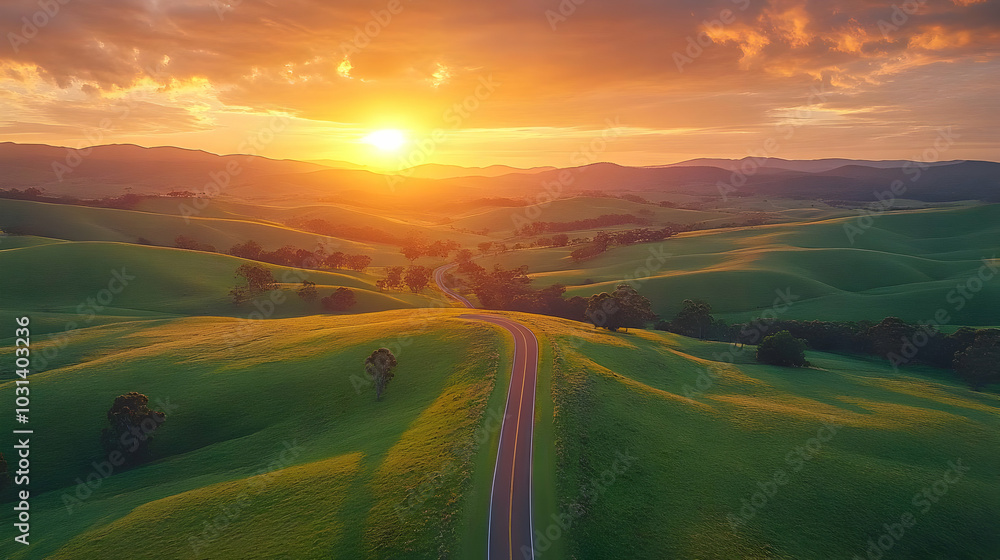 Scenic sunset over rolling green hills and a winding road. Scenic sunset over rolling green hills and a winding road.