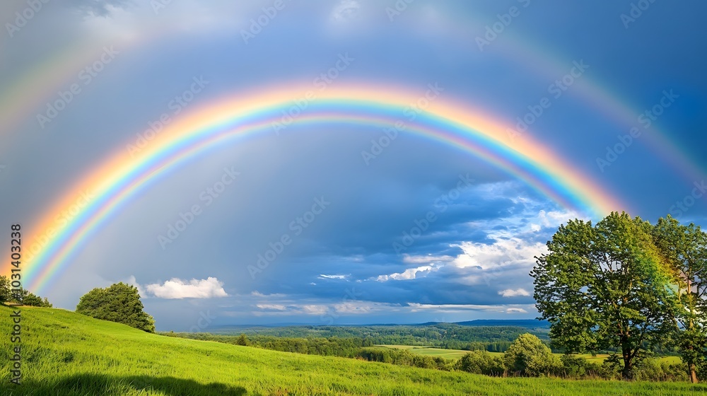 Vibrant Rainbow Over Tranquil Landscape Vibrant Rainbow Over Tranquil Landscape
