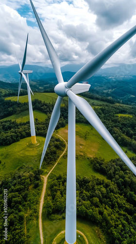 Wind turbines in a lush green landscape