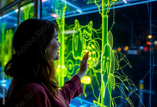 Woman interacting with the holography Reaching out touching obse photo