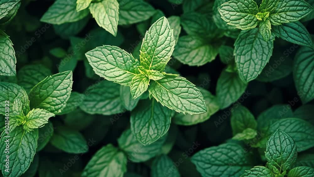 A close-up of vibrant green mint leaves growing in a garden A close-up of vibrant green mint leaves growing in a garden