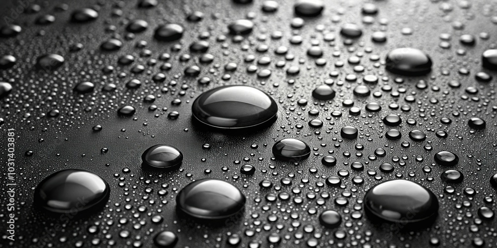 Medium shot texture of large and small water droplets on matte black and white surface Medium shot texture of large and small water droplets on matte black and white surface