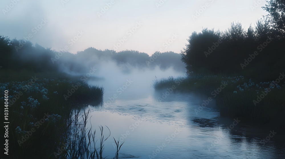 Fog Over a Serene River at Dawn Fog Over a Serene River at Dawn