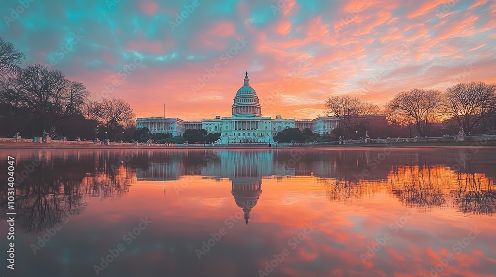 Golden Hour Reflection - United States Capitol Building, a beautiful sunrise over the US Capitol building, reflecting in the water, showcasing patriotism, democracy, architecture, and hope. Golden Hour Reflection - United States Capitol Building, a beautiful sunrise over the US Capitol building, reflecting in the water, showcasing patriotism, democracy, architecture, and hope.