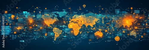 Global Business Support Services: Connecting the World with Technology, featuring a world map with data visualizations representing interconnectedness, communication, innovation, growth, and global re