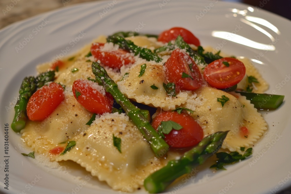 Ravioli with Tomatoes, Asparagus, Garlic, and Herbs is a delicious and easy-to-make dish. The ravioli is filled with a savory cheese mixture and topped with fresh tomatoes, asparagus, garlic, and herb Ravioli with Tomatoes, Asparagus, Garlic, and Herbs is a delicious and easy-to-make dish. The ravioli is filled with a savory cheese mixture and topped with fresh tomatoes, asparagus, garlic, and herb