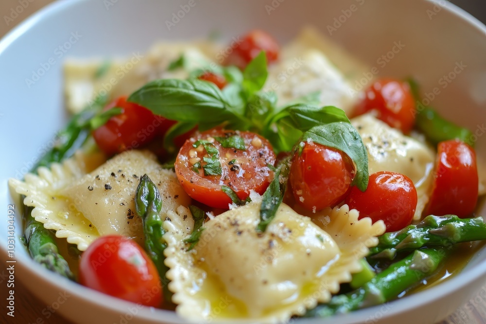 Ravioli with Tomatoes, Asparagus, Garlic, and Herbs is a delicious and easy-to-make dish. The ravioli is filled with ricotta cheese and spinach, and it is served with a simple tomato sauce, fresh aspa Ravioli with Tomatoes, Asparagus, Garlic, and Herbs is a delicious and easy-to-make dish. The ravioli is filled with ricotta cheese and spinach, and it is served with a simple tomato sauce, fresh aspa