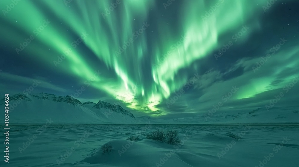 Fototapeta premium Stunning aurora borealis, also known as the Northern Lights, dance across the night sky in a magnificent display over a snowy mountain landscape in Iceland, creating a captivating spectacle of nature'