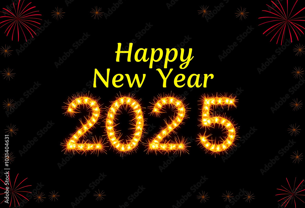 Happy New Year 2025 greeting card background with firework border with copy space Happy New Year 2025 greeting card background with firework border with copy space