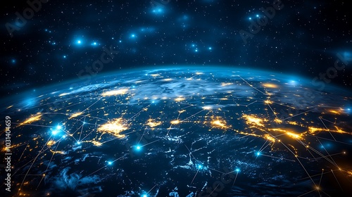 A glowing earth with intricate digital lines connecting continents, showcasing global communication networks, set against a dark background.