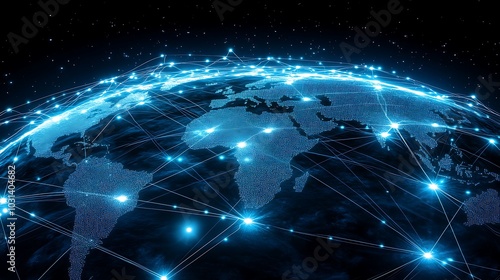 A glowing earth with intricate digital lines connecting continents, showcasing global communication networks, set against a dark background.