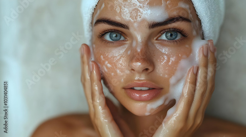 Woman with facial cleanser,...