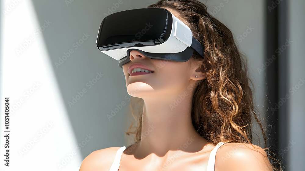 A woman wearing virtual reality goggles, immersed in technology. A woman wearing virtual reality goggles, immersed in technology.