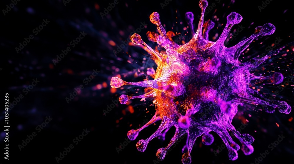 A 3D illustration of a virus, with a vibrant purple and orange color scheme, representing the microscopic world of pathogens and the fight against disease. A 3D illustration of a virus, with a vibrant purple and orange color scheme, representing the microscopic world of pathogens and the fight against disease.