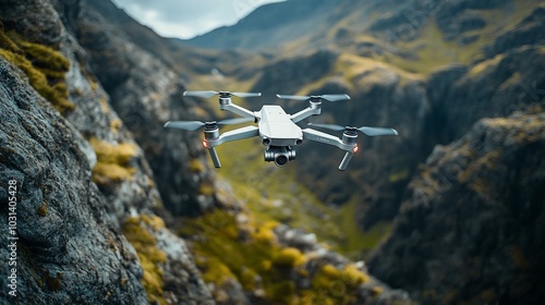 A drone flies over a mountain range, capturing the breathtaking scenery. photo