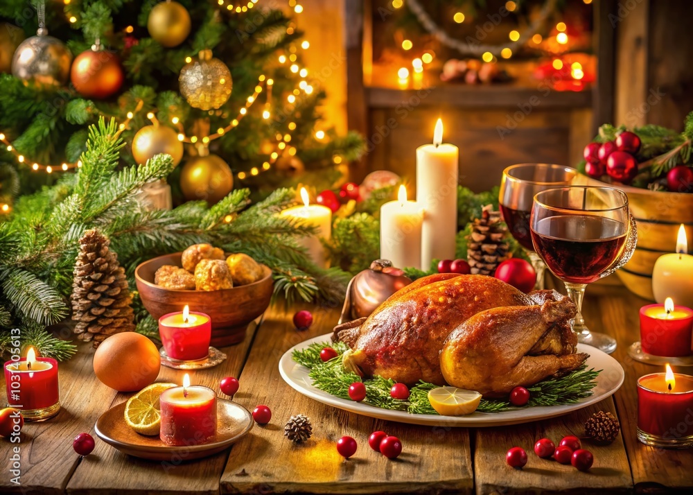 Fototapeta premium Festive Christmas Candlelight Dinner with Traditional Holiday Food and Decorations