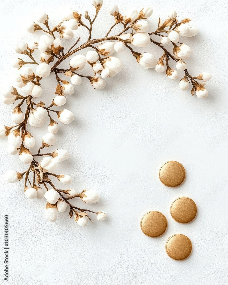 Delicate white flowers and golden circles on a clean white background. Delicate white flowers and golden circles on a clean white background.