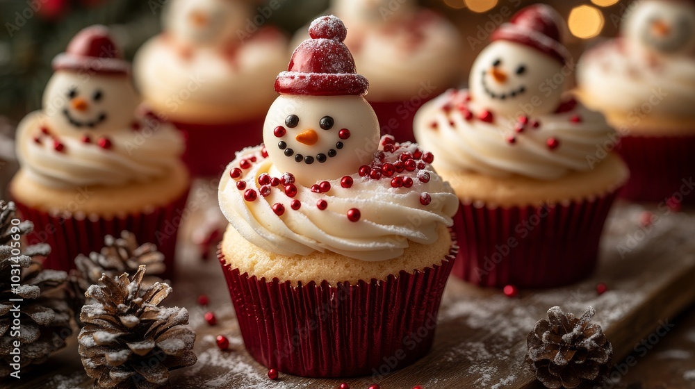 Festive snowman cupcakes adorned with holiday decorations Festive snowman cupcakes adorned with holiday decorations