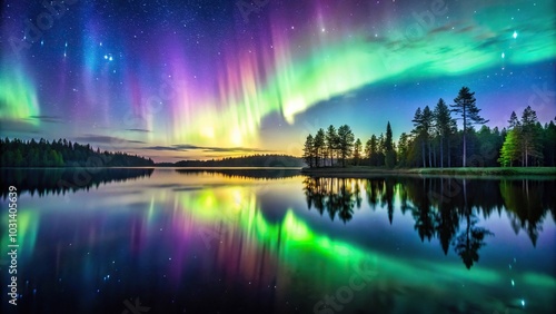 Night sky with aurora reflected in forest lake