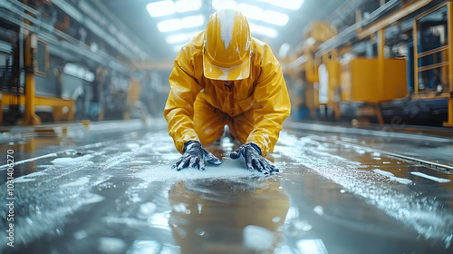 Worker in yellow suit clean...